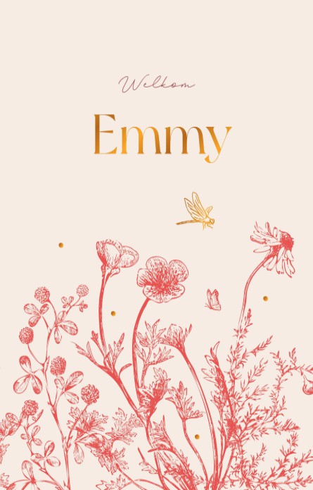 Geboortekaartje met getekende bloemen vlinder en libelle Emmy