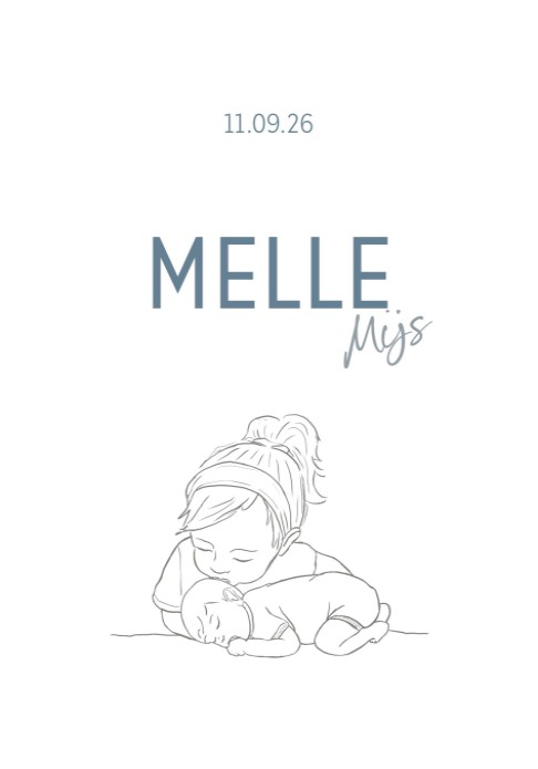 Geboortekaartje geschept papier met lijntekening Melle