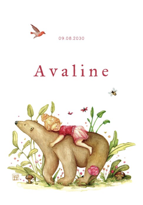 Geboortekaartje handgeschept papier met tekening meisje op beer Avaline