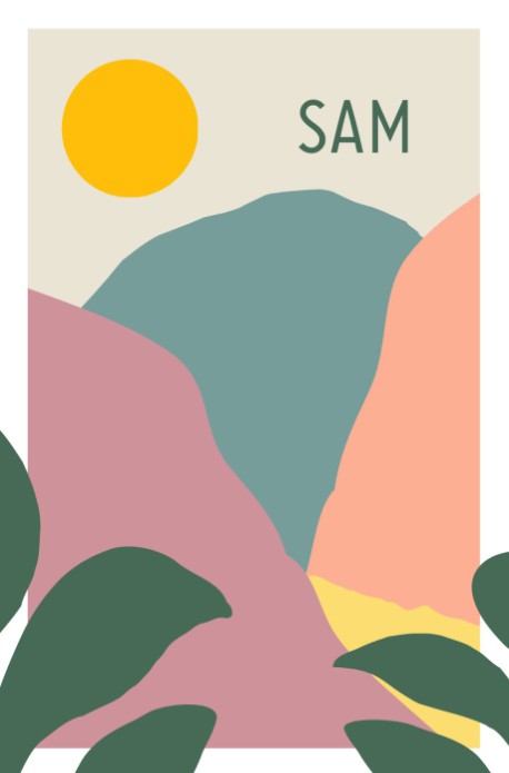 Geboortekaartje met bergen en zon landschap Sam