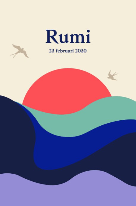 Kleurrijk geboortekaartje zon golven Rumi