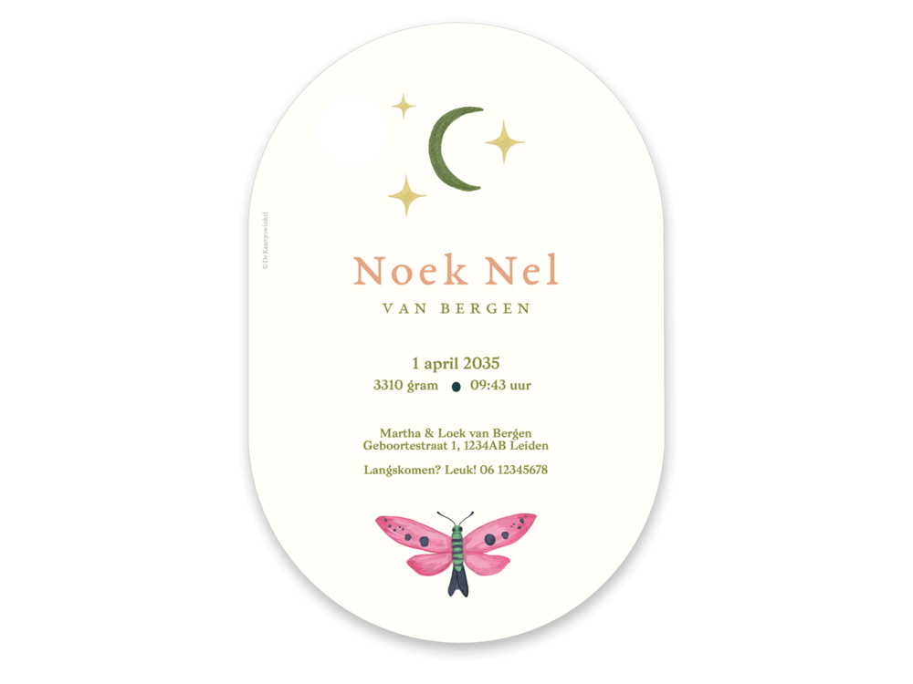 Kleurrijk folk en eclectic ovaal geboortekaartje Noek achter