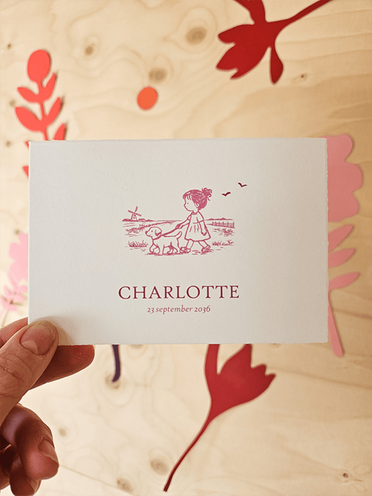 Geboortekaartje met lieve illustratie van meisje met hondje in landschap Charlotte