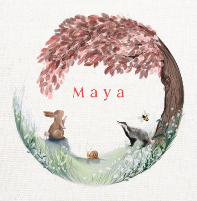 Geboortekaartje boom konijntje bloemen Maya
