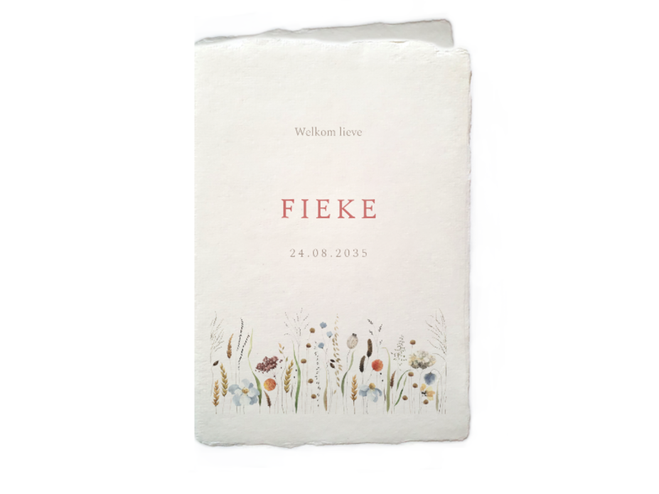 Geboortekaartje handgeschept papier met getekende bloemetjes - Fieke