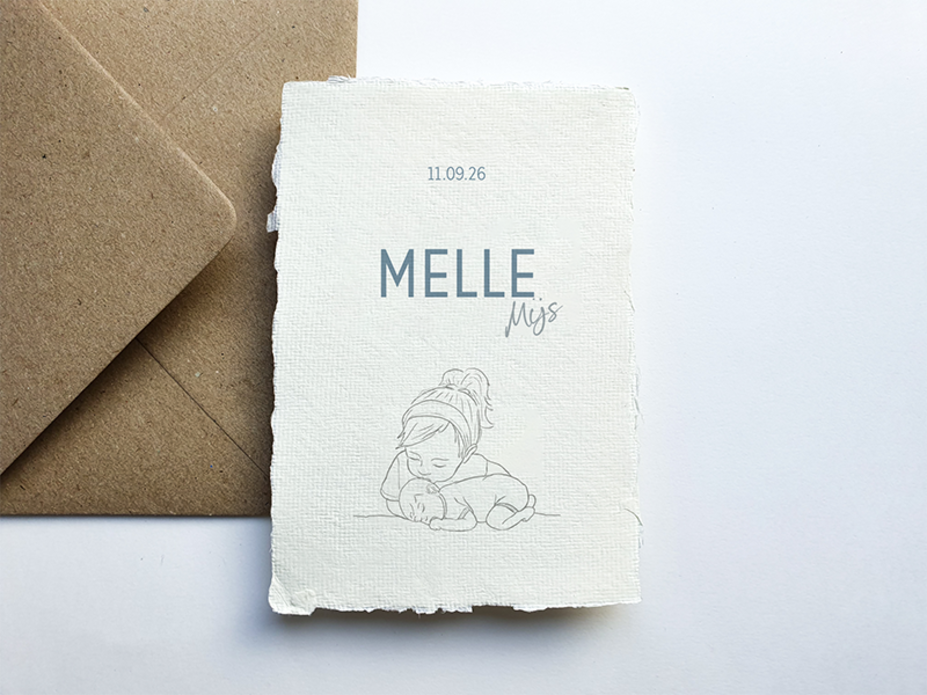 Geboortekaartje geschept papier met lijntekening Melle
