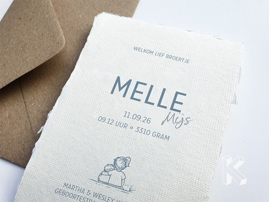 Geboortekaartje geschept papier met lijntekening Melle