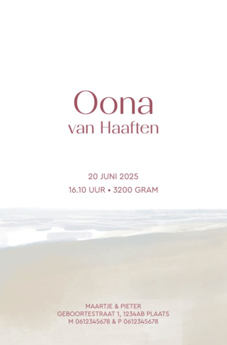Geboortekaartje illustratie baby op strand Oona achterzijde