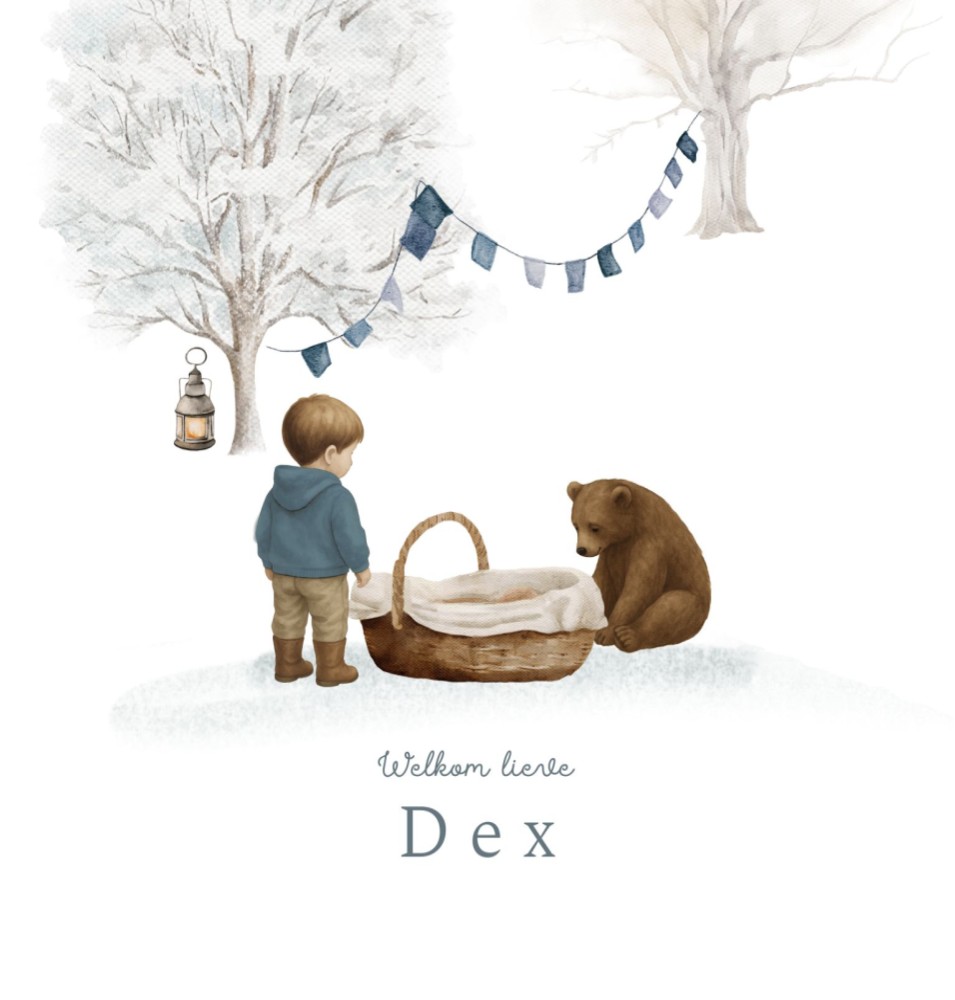 Geboortekaartje jongetje met beer en een mozesmandje met baby