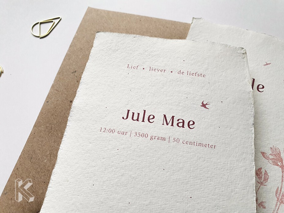 Geboortekaartje Jule op handgeschept papier