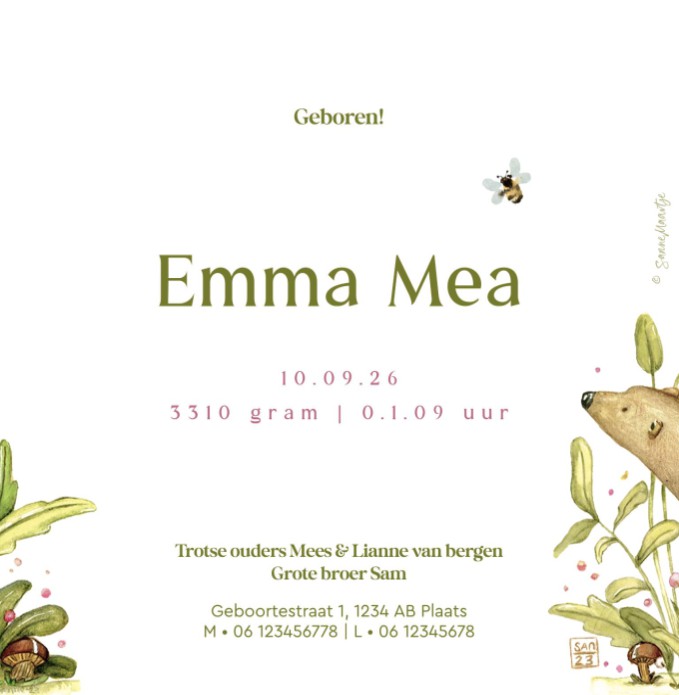 Geboortekaartje meisje op beer illustratie Emma Mae