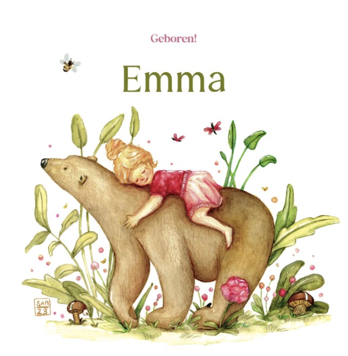 Geboortekaartje meisje op beer illustratie Emma Mae