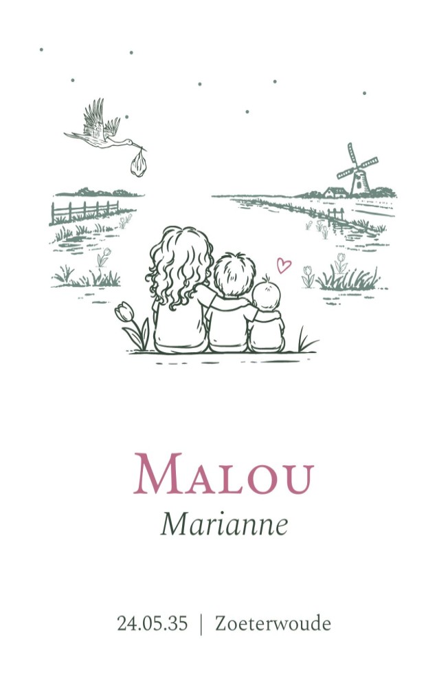 Geboortekaartje meisje zus en broertje lijntekening Malou