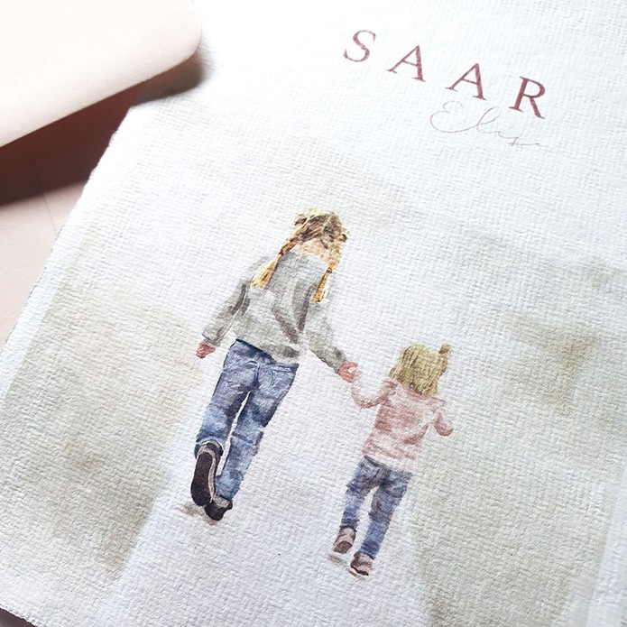 Geboortekaartje met illustratie grote zus en meisje Saar