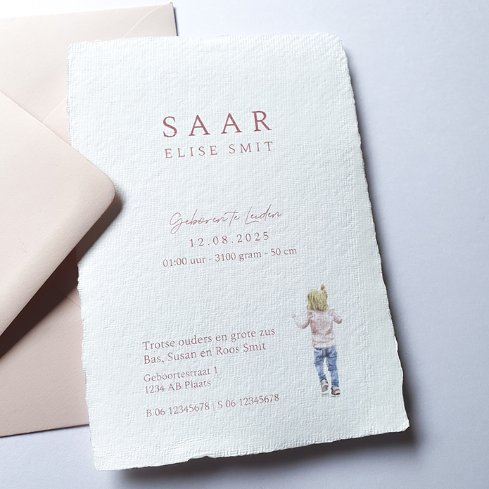 Geboortekaartje met illustratie grote zus en meisje Saar