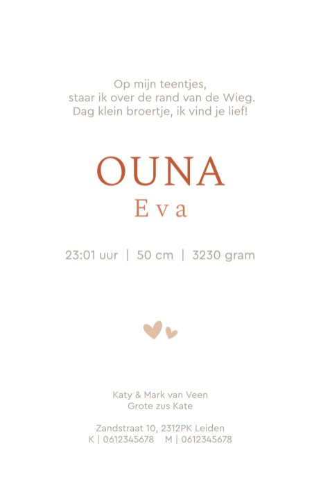 Geboortekaartje met lijntekening grote zus Oona achter