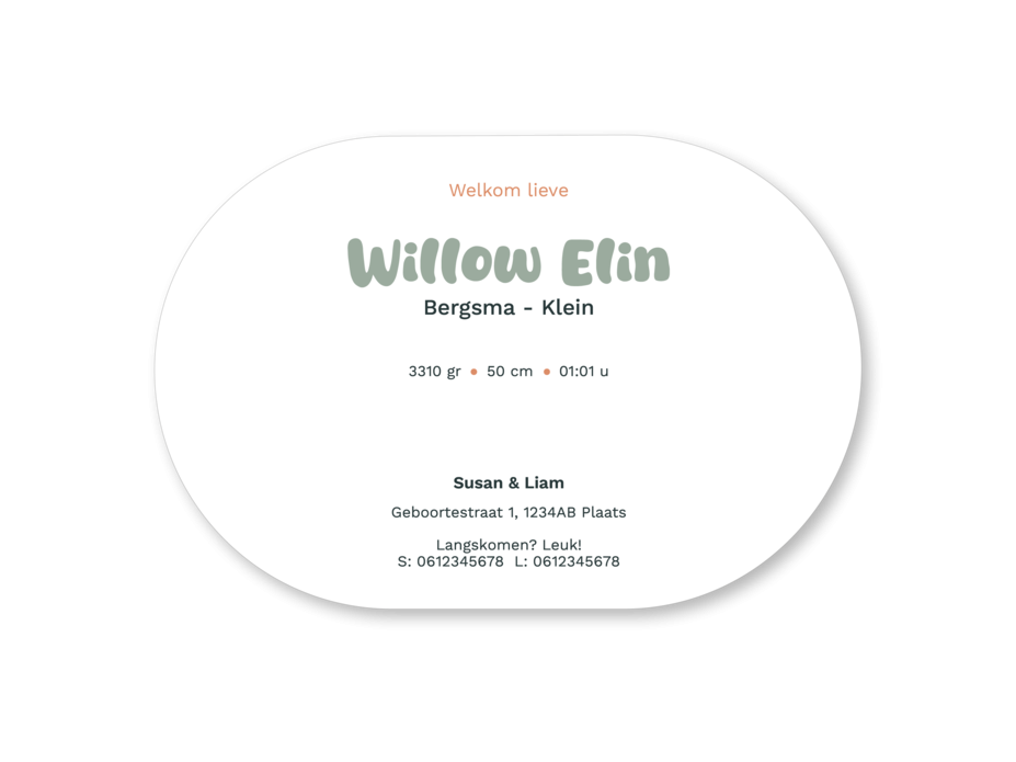 Geboortekaartje vorm ovaal speelse letters Willow
