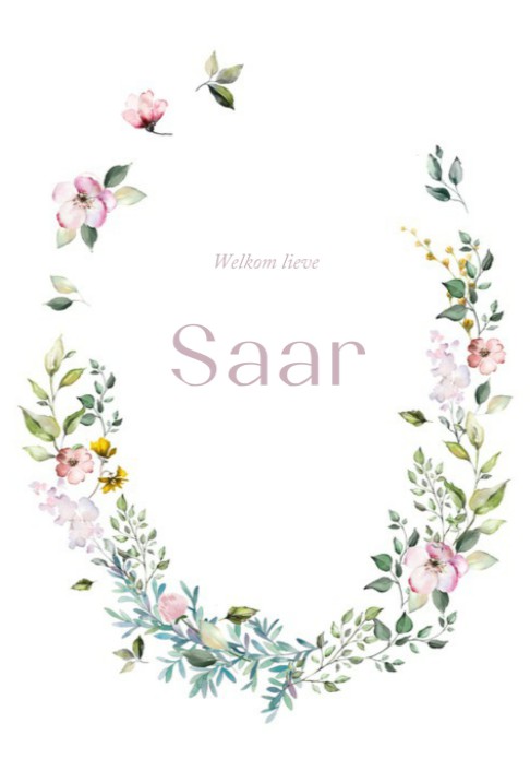 Geboortekaartje Saar met bloemenkrans