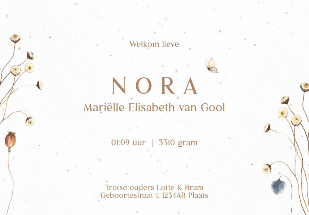 Geboortekaartje veldbloemen Nora achterzijde