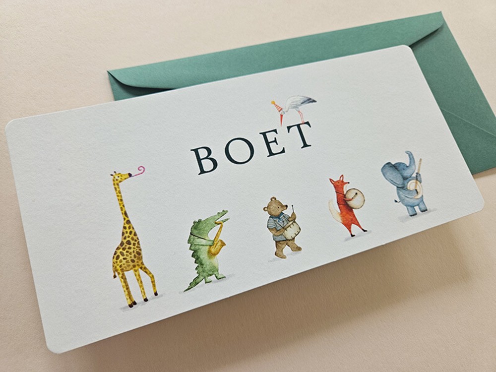 Geboortekaartje met handgetekende dierenoptocht en kleurrijke illustraties Boet