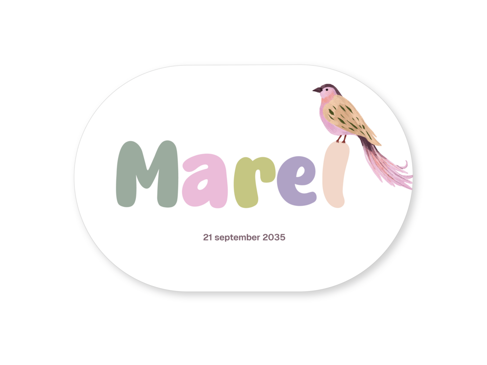 Geboortekaartje meisje ovaal vogel speelse letters Marel