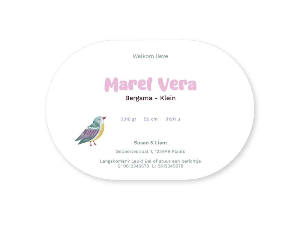 Geboortekaartje meisje ovaal vogel speelse letters Marel