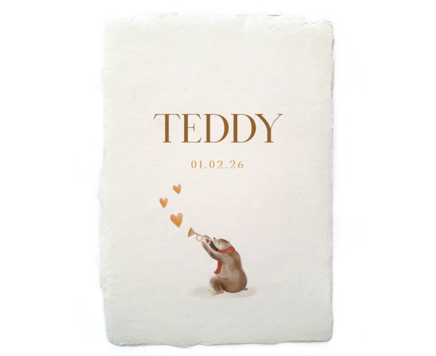 Lief geboortekaartje Teddy met beer en hartjes