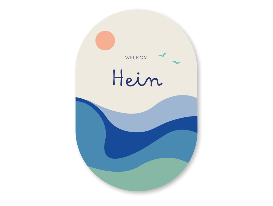 Kleurrijk ovaal geboortekaartje zon golven Hein