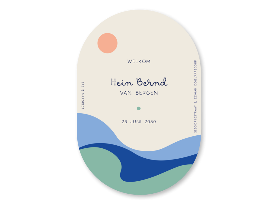 Kleurrijk ovaal geboortekaartje zon golven Hein achterzijde