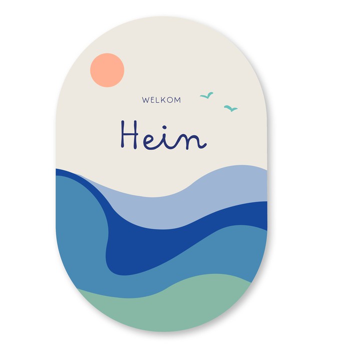 Kleurrijk ovaal geboortekaartje zon golven Hein