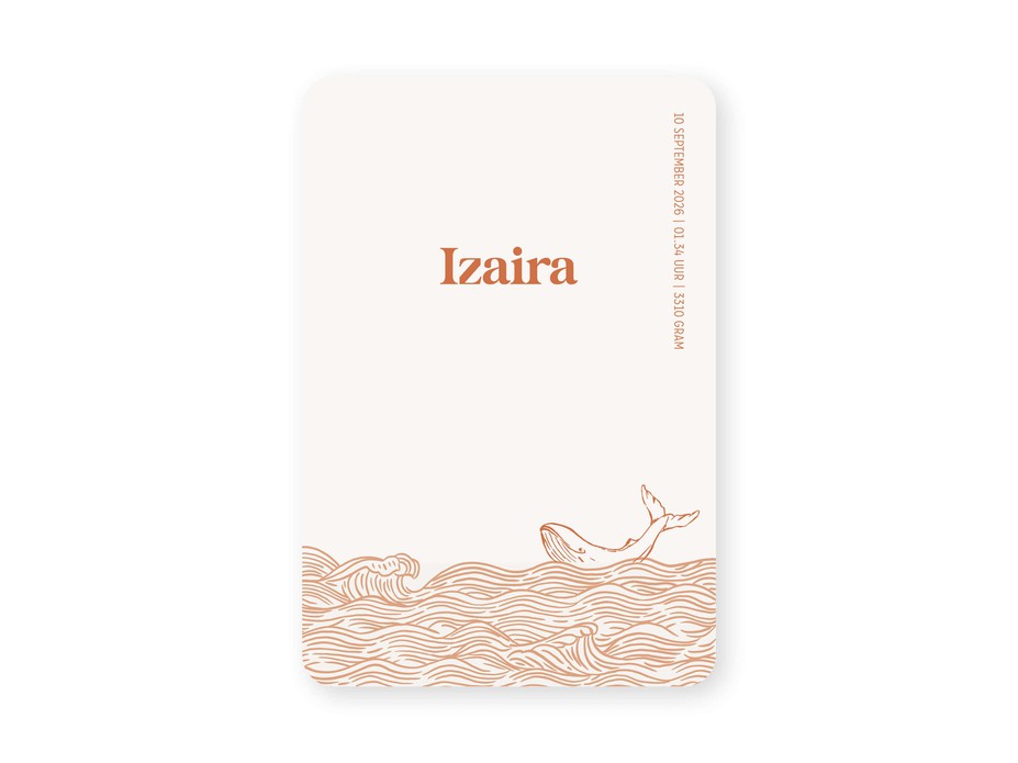 Geboortekaartje met getekende walvis en golven Izaira