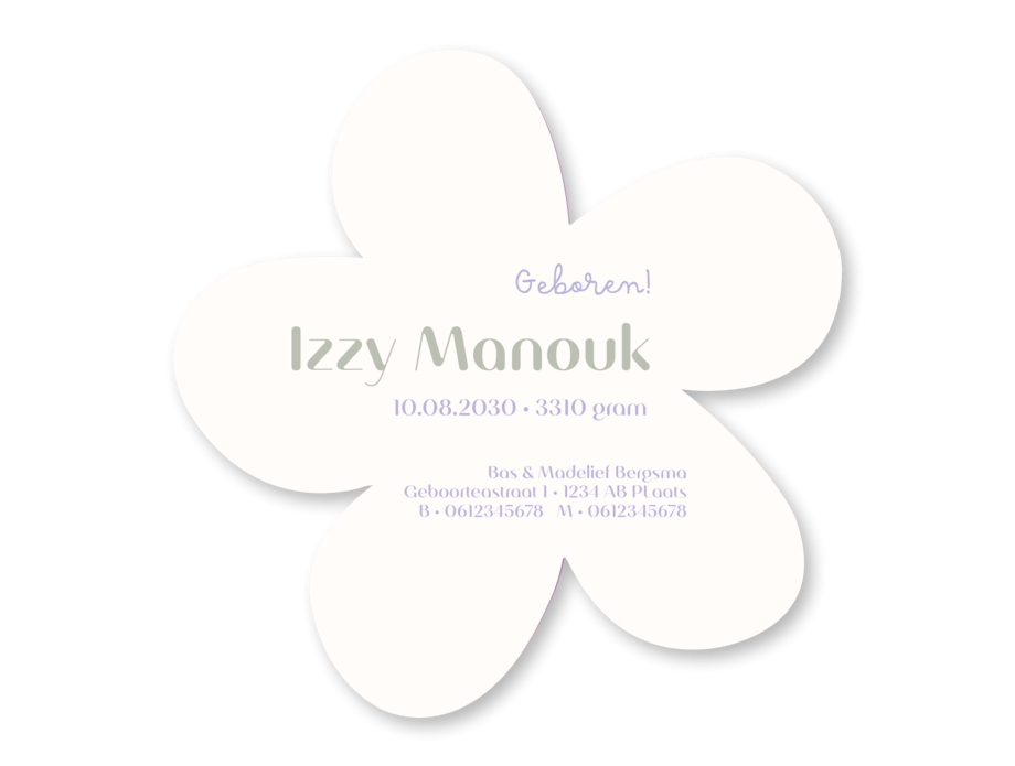 Geboortekaartje bijzondere vorm bloemvorm Izzy achterzijde