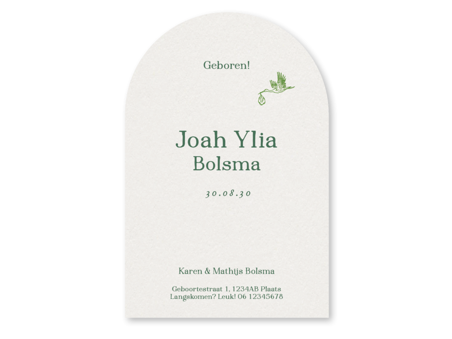 Boogvorm geboortekaartje natuur planten muisje egel ooievaar Joah