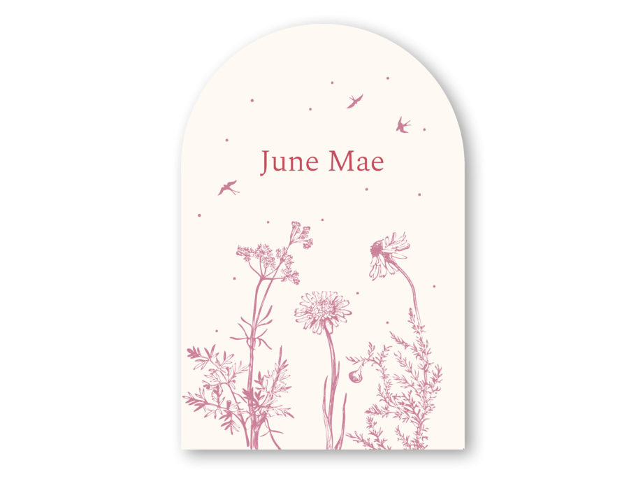 Boogvorm geboortekaartje met planten en bloemen June