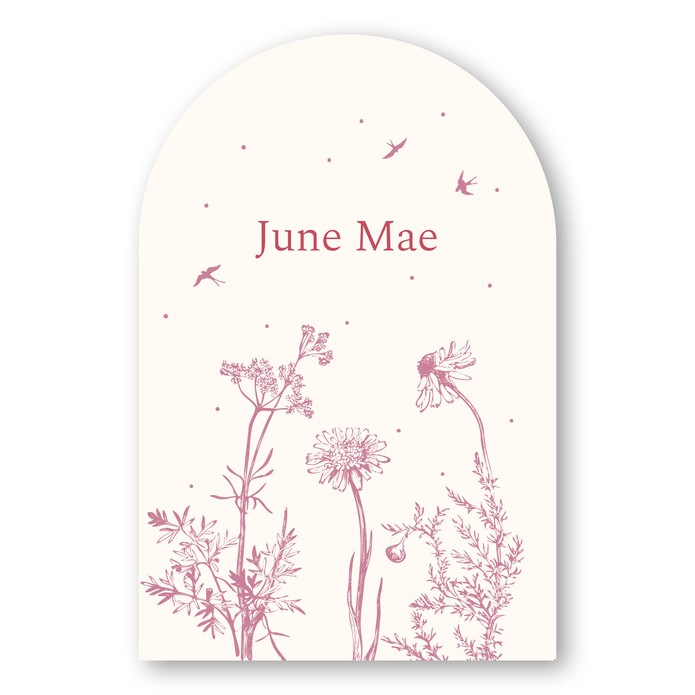 Boogvorm geboortekaartje met planten en bloemen June