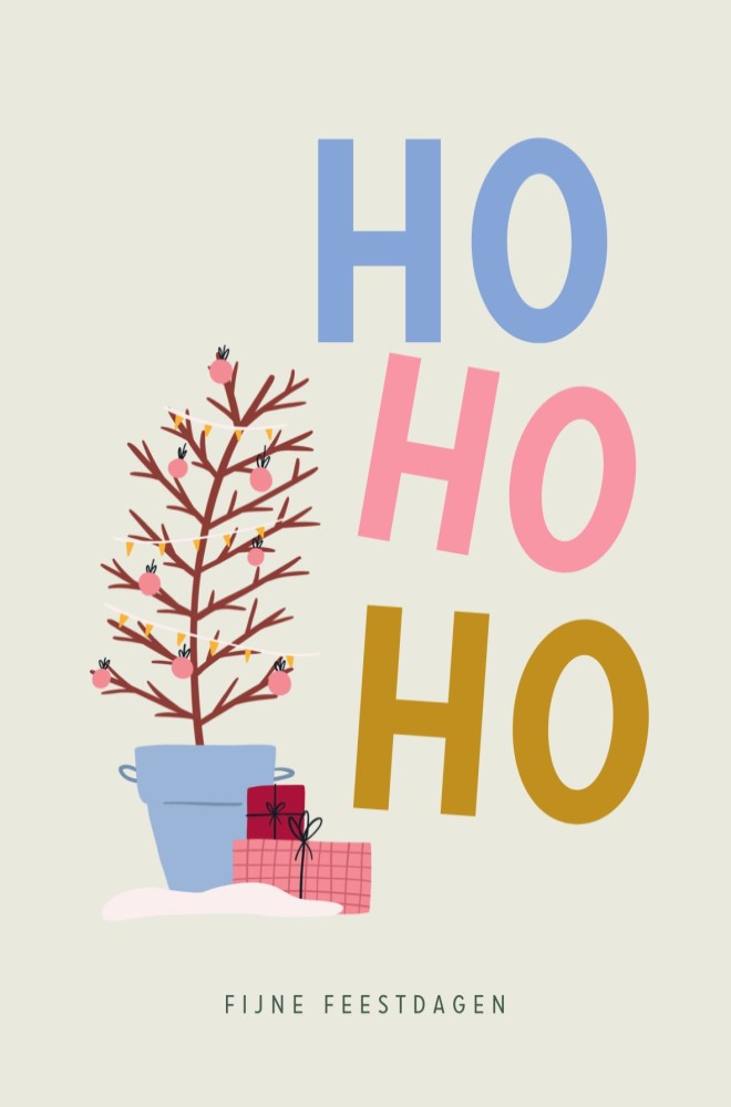 Kerstkaart kleurrijk met kerstboom en cadeautjes