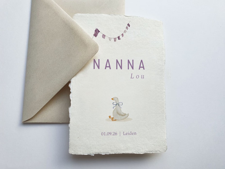 Lief geboortekaartje handgeschept papier met illustratie gansje Nanna