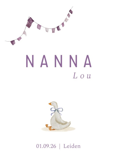 Lief geboortekaartje handgeschept papier met illustratie gansje Nanna