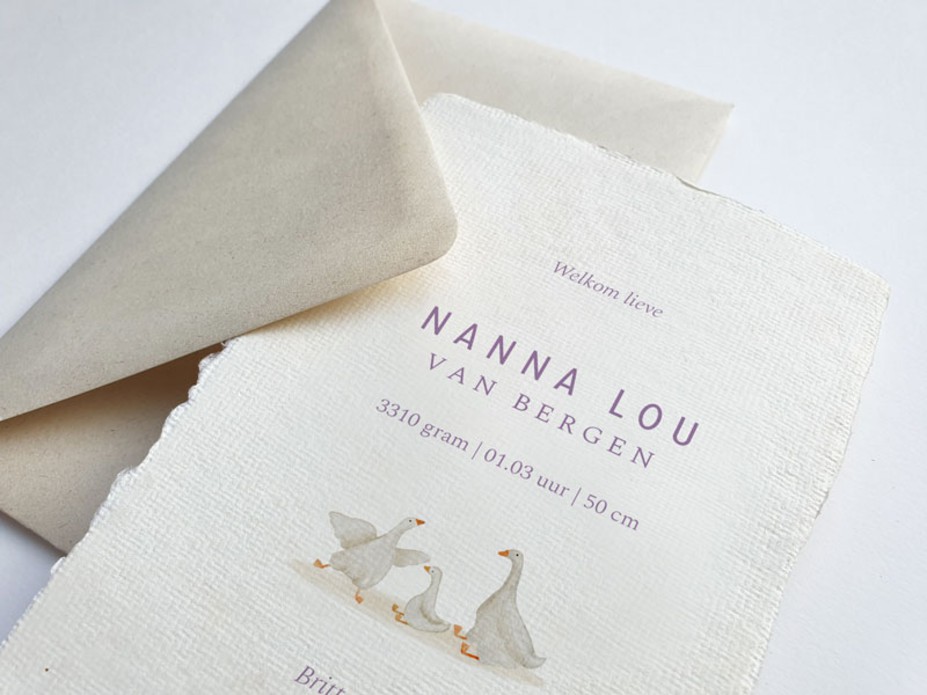 Lief geboortekaartje handgeschept papier met illustratie gansje Nanna achterzijde
