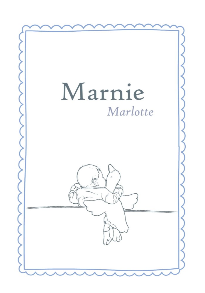 Lief geboortekaartje handgeschept papier met lijntekening baby Marnie