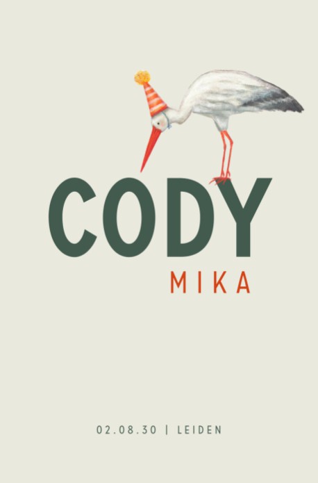 Lief geboortekaartje met handgetekende ooievaar Cody.