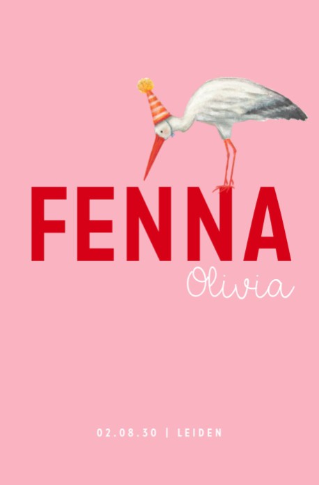 Lief geboortekaartje met handgetekende ooievaar Fenna