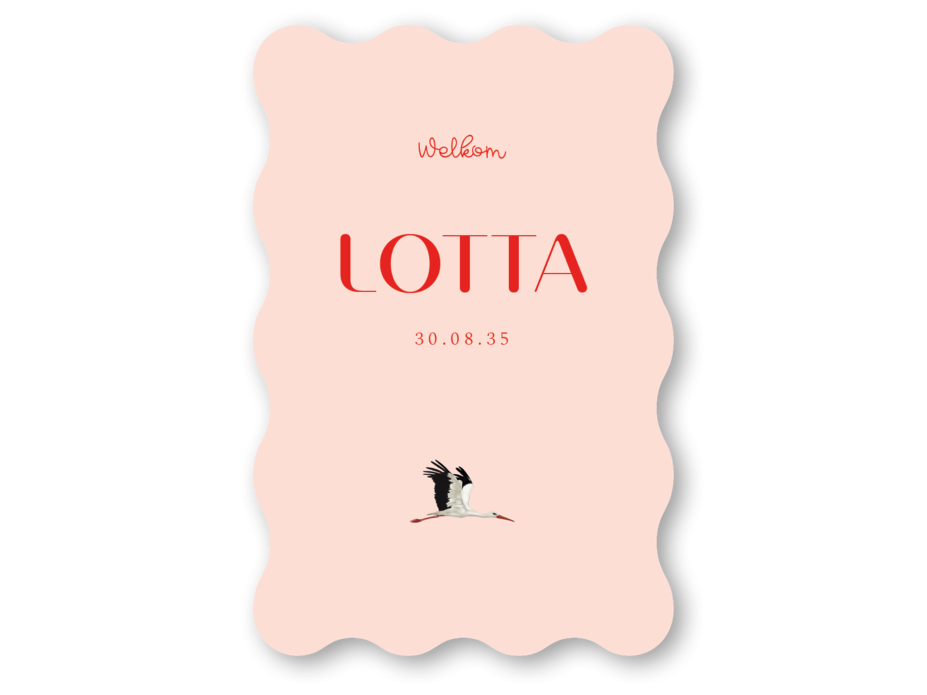 Golvende vorm geboortekaartje getekende ooievaar Lotta