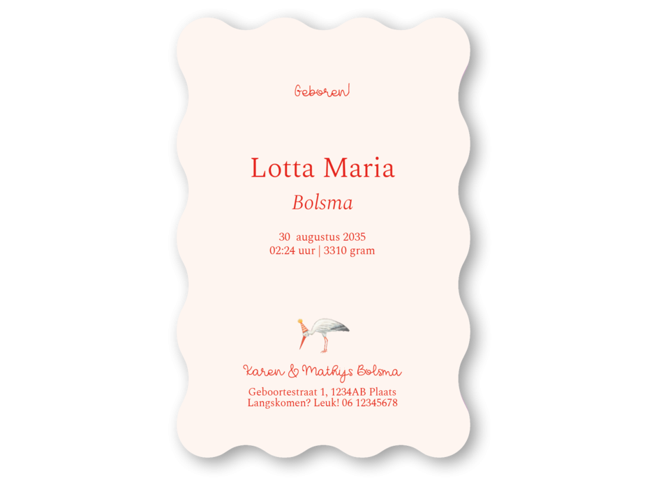 Golvende vorm geboortekaartje getekende ooievaar Lotta achter