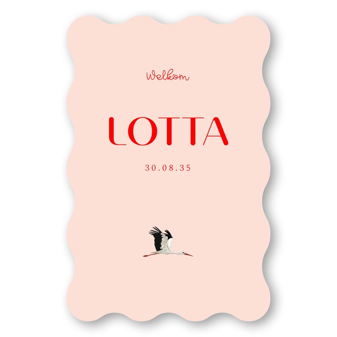 Golvende vorm geboortekaartje getekende ooievaar Lotta