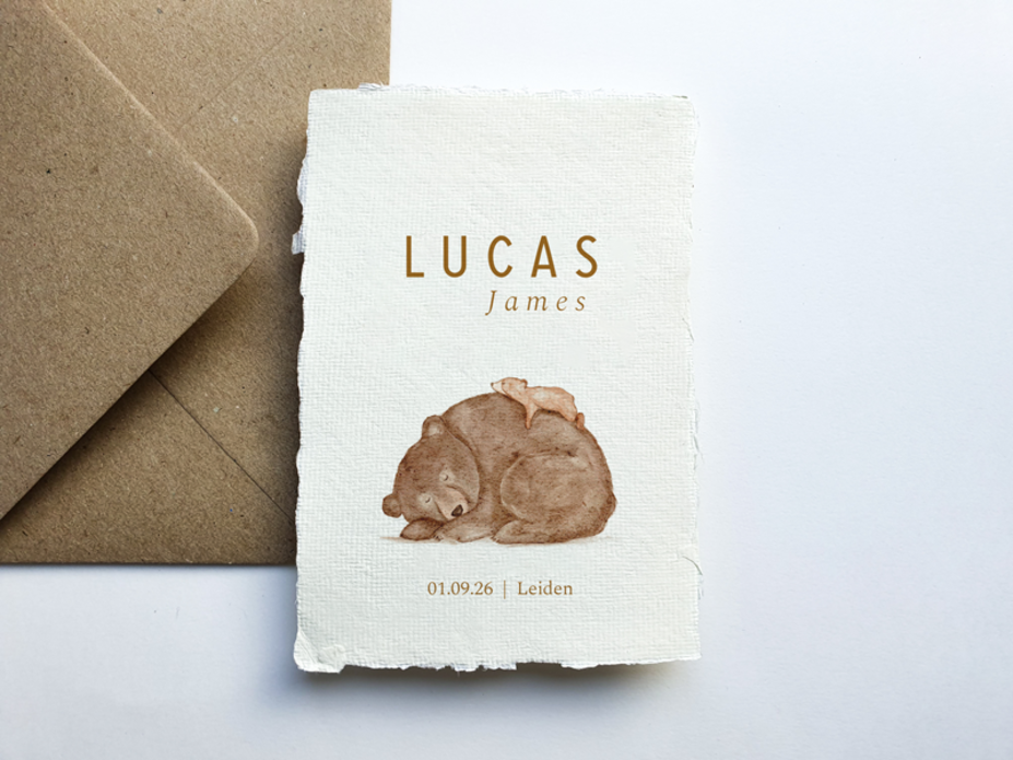 Lief geboortekaartje Lucas met illustratie babybeertje en moeder beer
