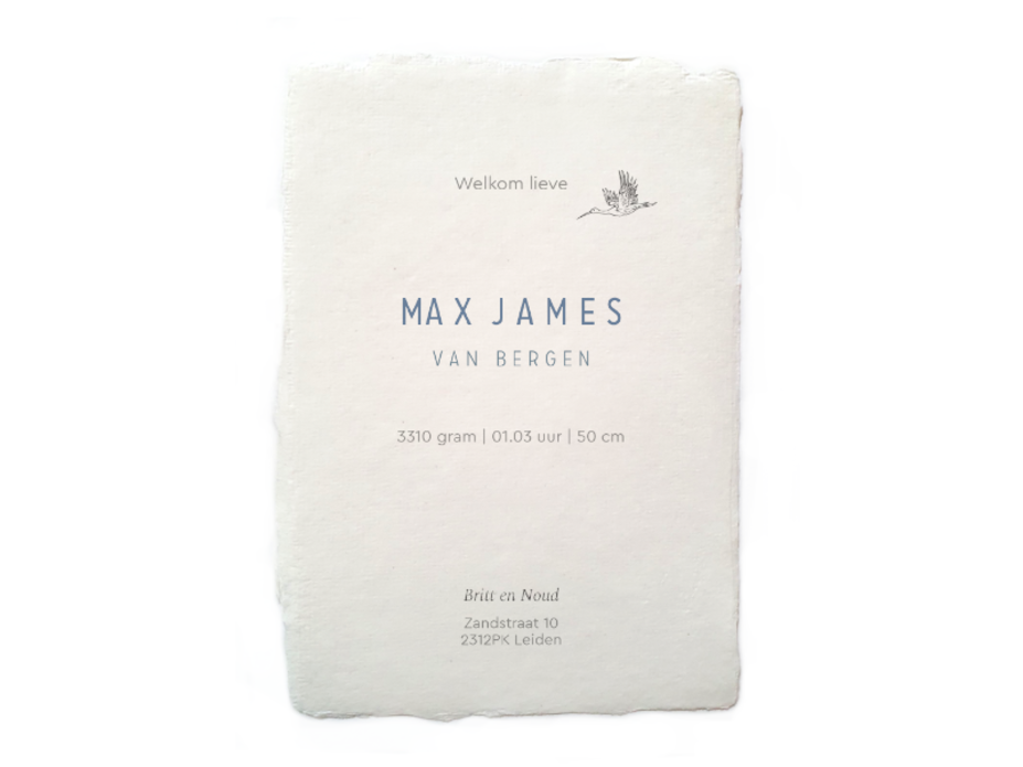 Lief geboortekaartje handgeschept papier Max