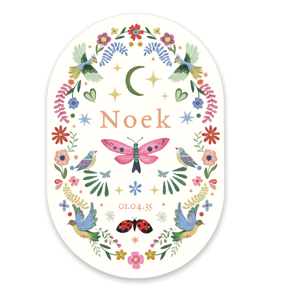 Kleurrijk folk en eclectic ovaal geboortekaartje Noek voorzijde