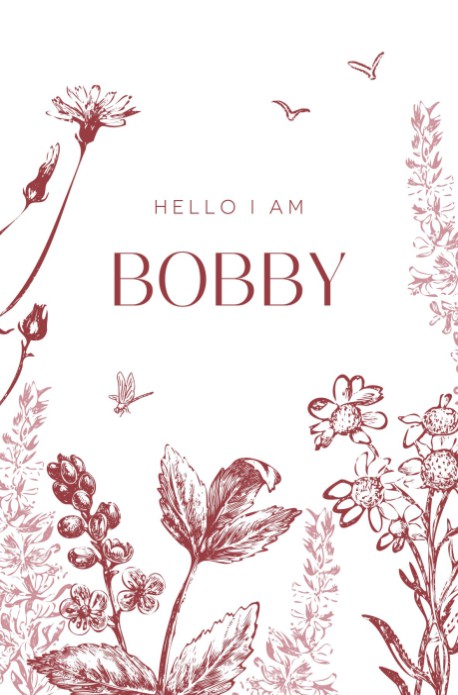 Geboortekaartje met planten en vogels Bobby