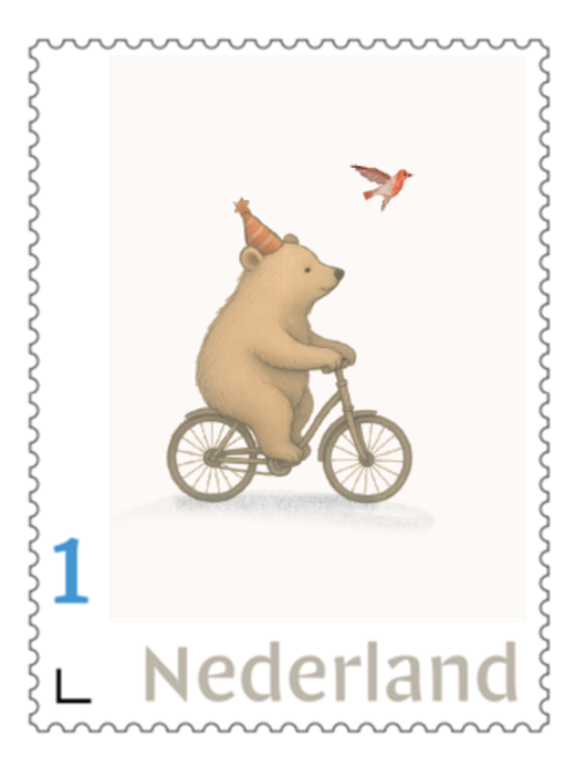 Postzegel bestand beer op fiets